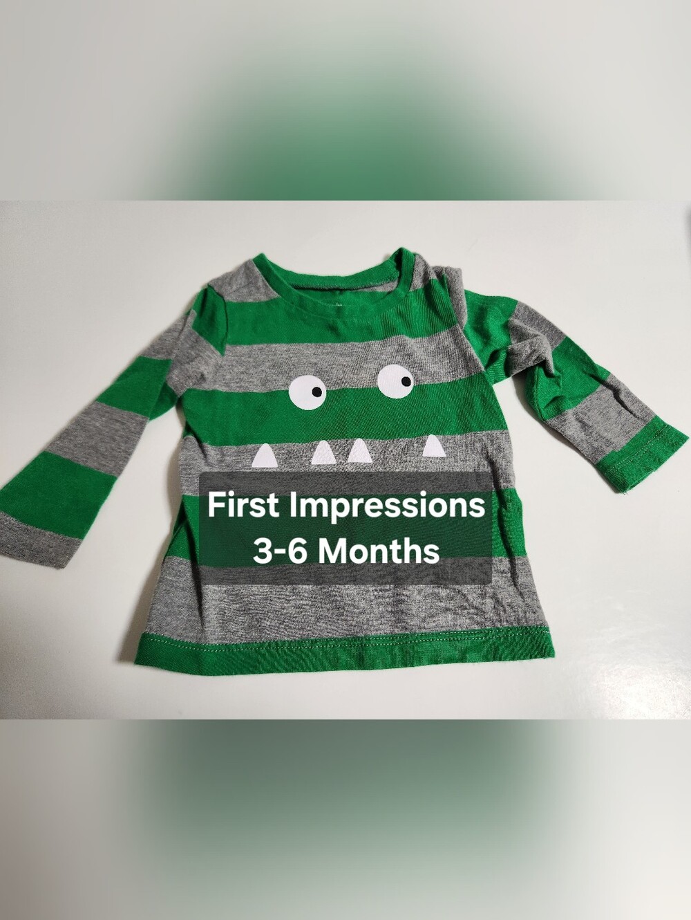 First Impressions 3-6 Months Monster Face Shirt Green Grey Stripes Long Sleeve